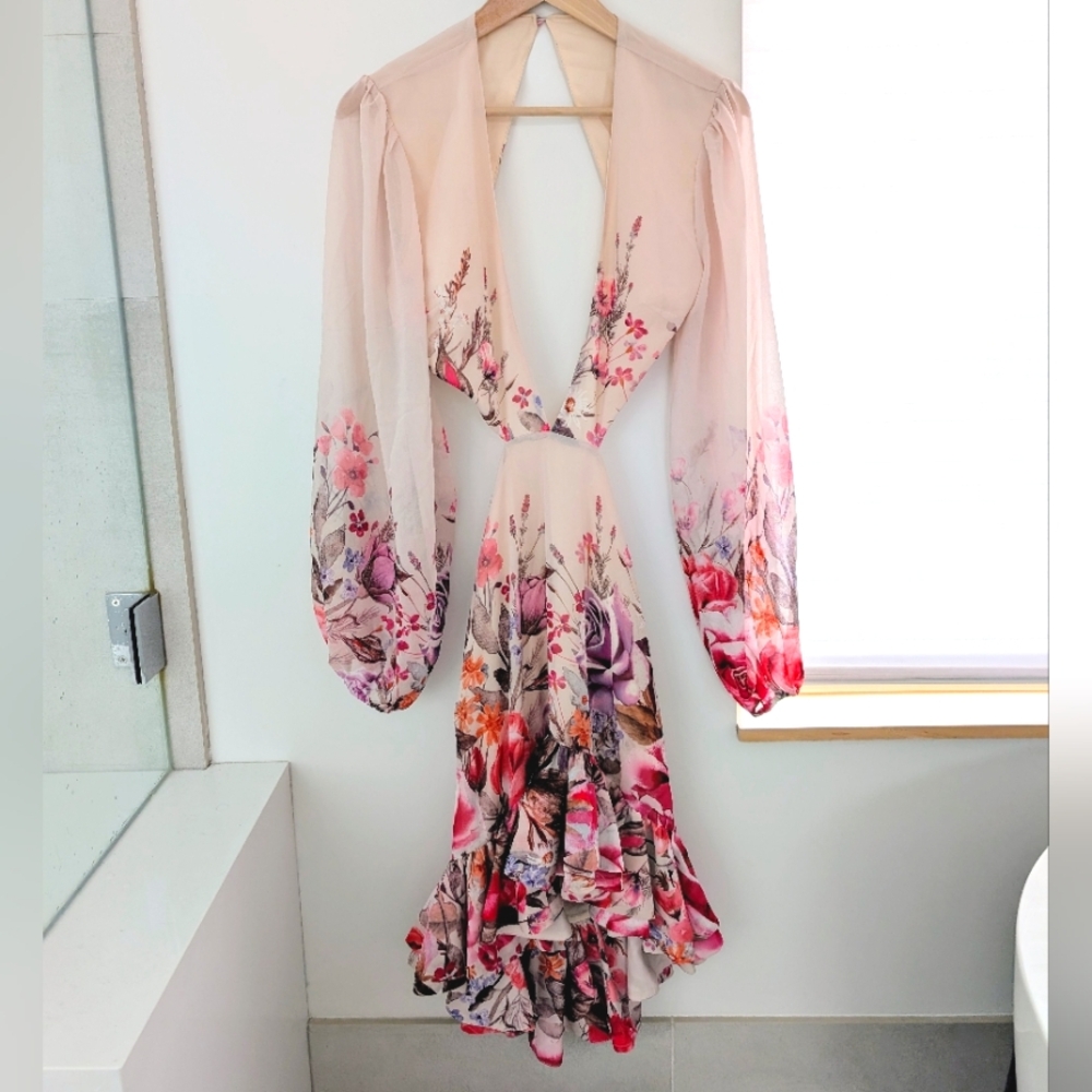 Michael Costello Floral Long Sleeve Dress - Pink and Purple, Size M